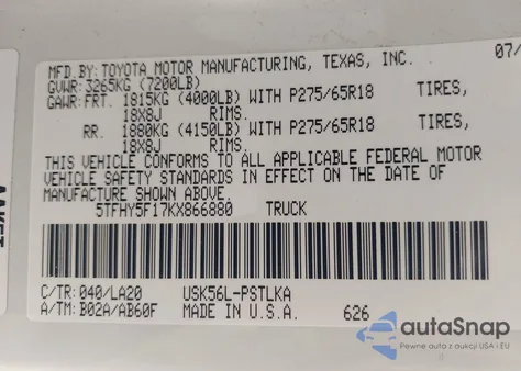 2019 Toyota Tundra Limited 5.7L V8 from USA, damaged, VIN 5TFHY5F17KX866880